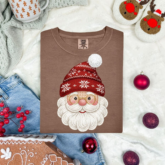 CUTE SANTA - WITH GLASSES AND SNOWFLAKE HAT - FAUX YARN - DTF TRANSFER