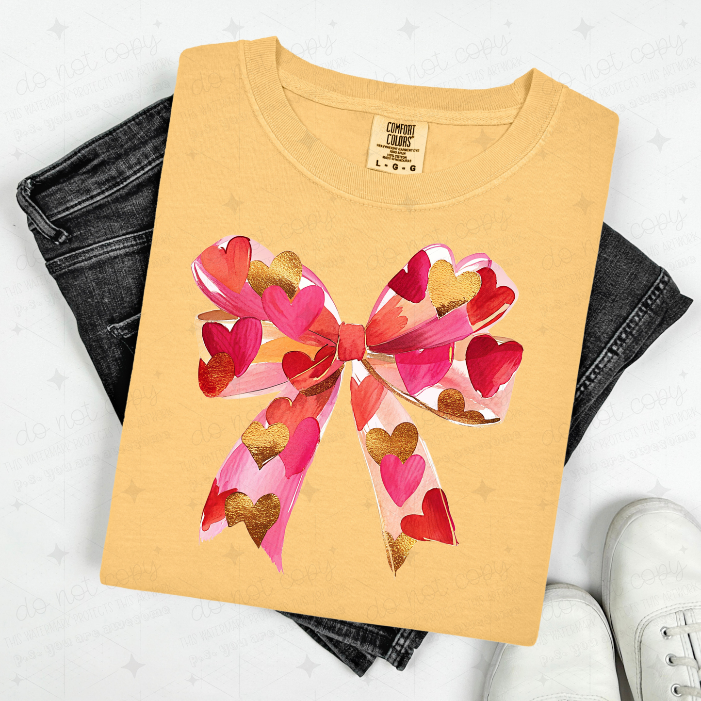 COQUETTE RED GOLD AND PINK HEARTS BOW - DTF TRANSFER