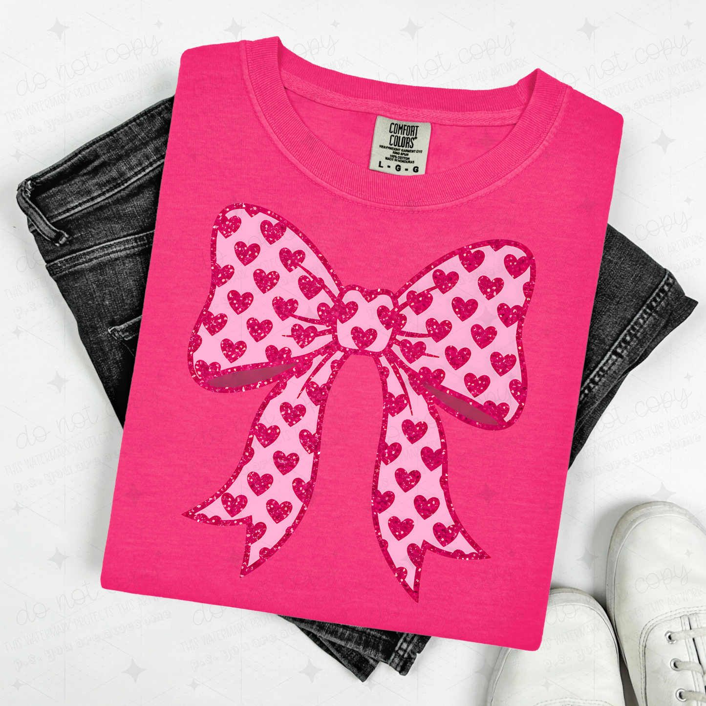 COQUETTE PINK GLITTER HEARTS BOW - FAUX GLITTER - DTF TRANSFER