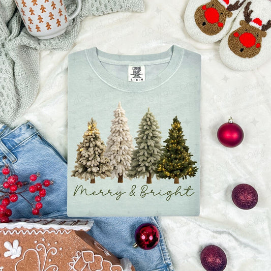 MERRY & BRIGHT - TREES WITH CHRISTMAS LIGHTS - FAUX YARN - DTF TRANSFER