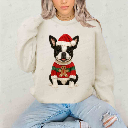 CHRISTMAS BOSTON TERRIER - FAUX YARN - DTF TRANSFER