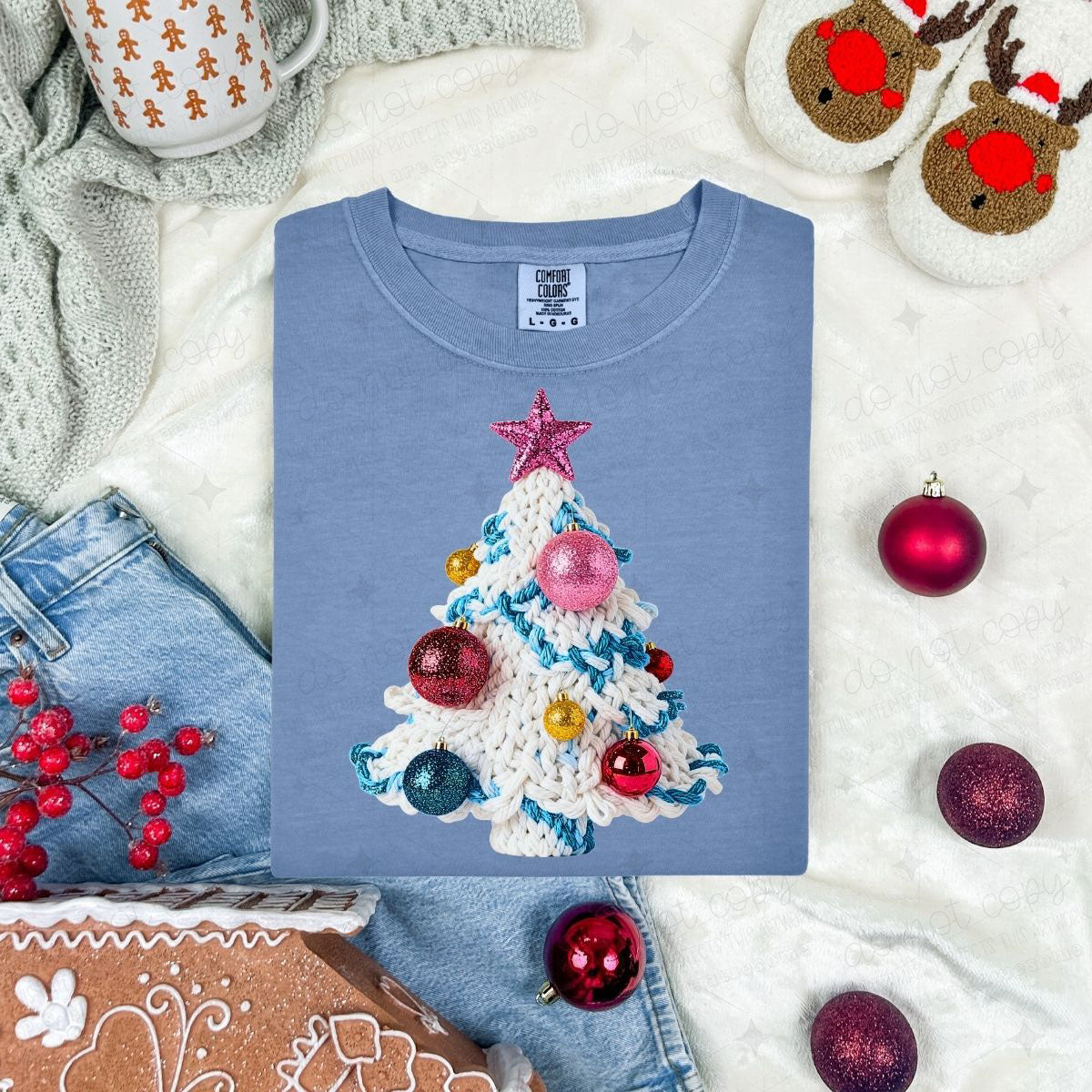 CHRISTMAS TREE WITH ORNAMENTS - FAUX YARN - DTF TRANSFER