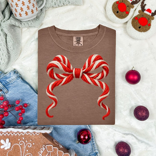 COQUETTE CANDY CANE STRIPED BOW - FAUX YARN - DTF TRANSFER