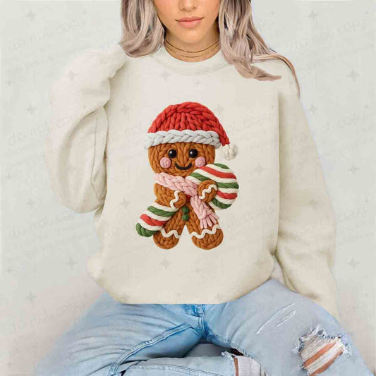 GINGERBREAD MAN WITH A CANDY CANE - FAUX YARN - DTF TRANSFER