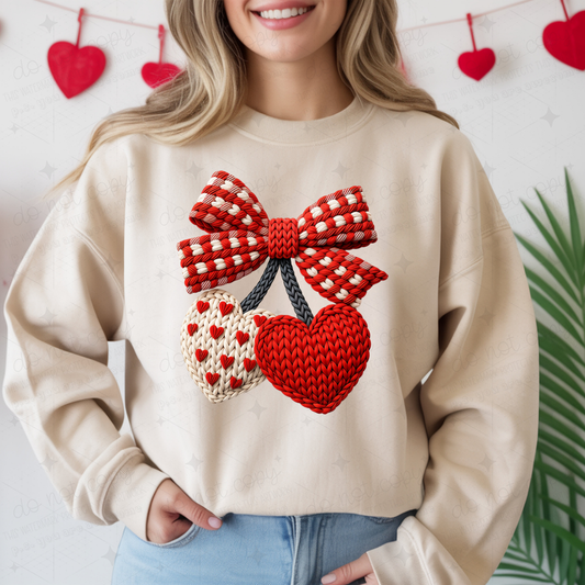COQUETTE PLAID BOW WITH CHERRY HEARTS - FAUX YARN - DTF TRANSFER