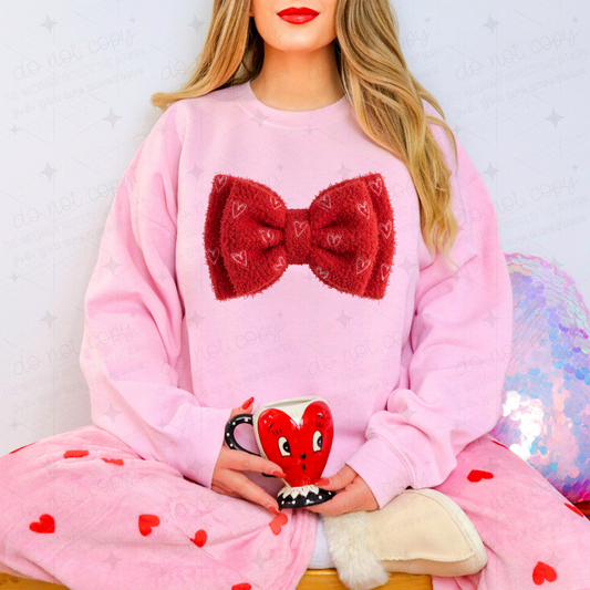 FLUFFY BOW WITH LIGHT PINK HEARTS - FAUX YARN - DTF TRANSFER