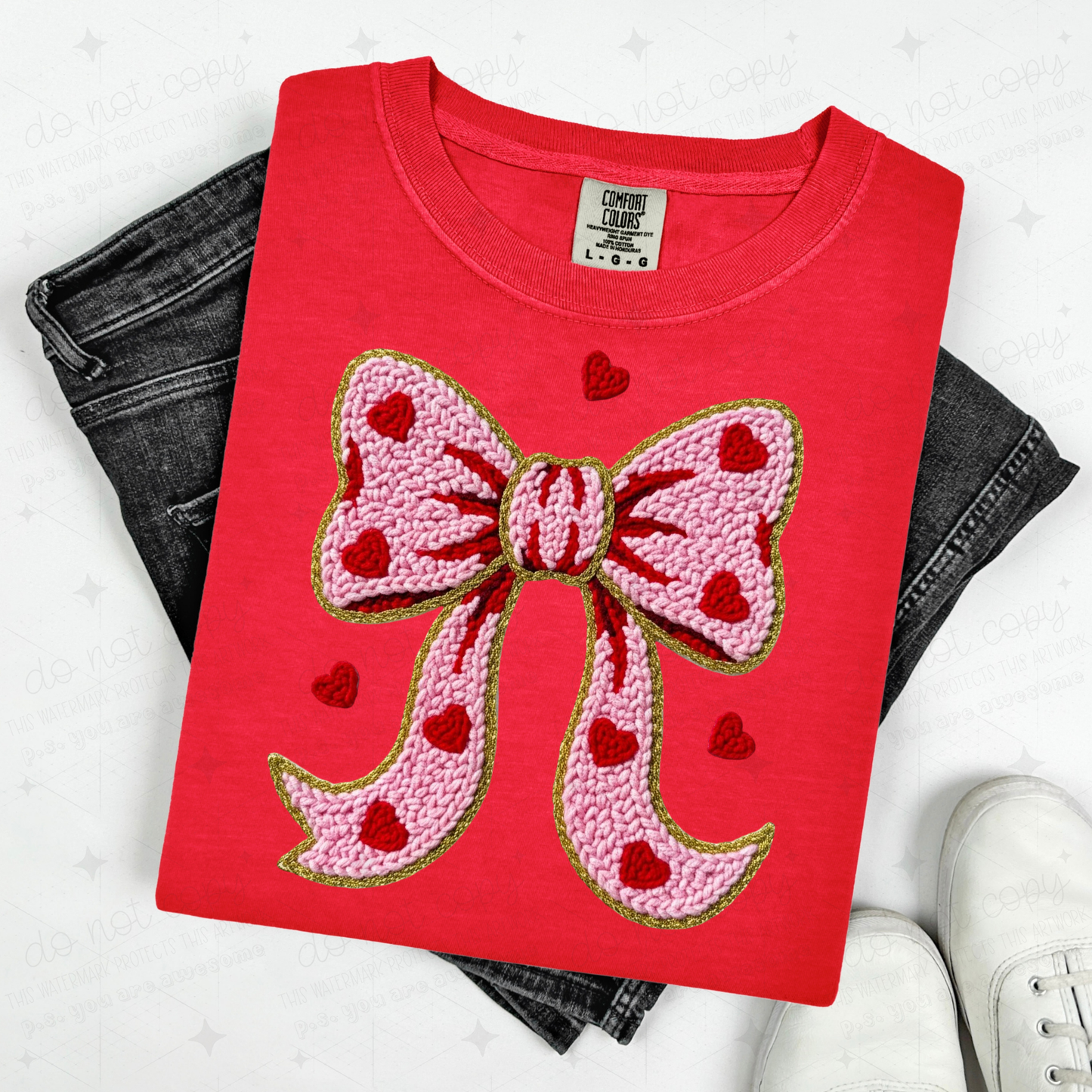 COQUETTE RED HEARTS BOW - FAUX YARN - DTF TRANSFER