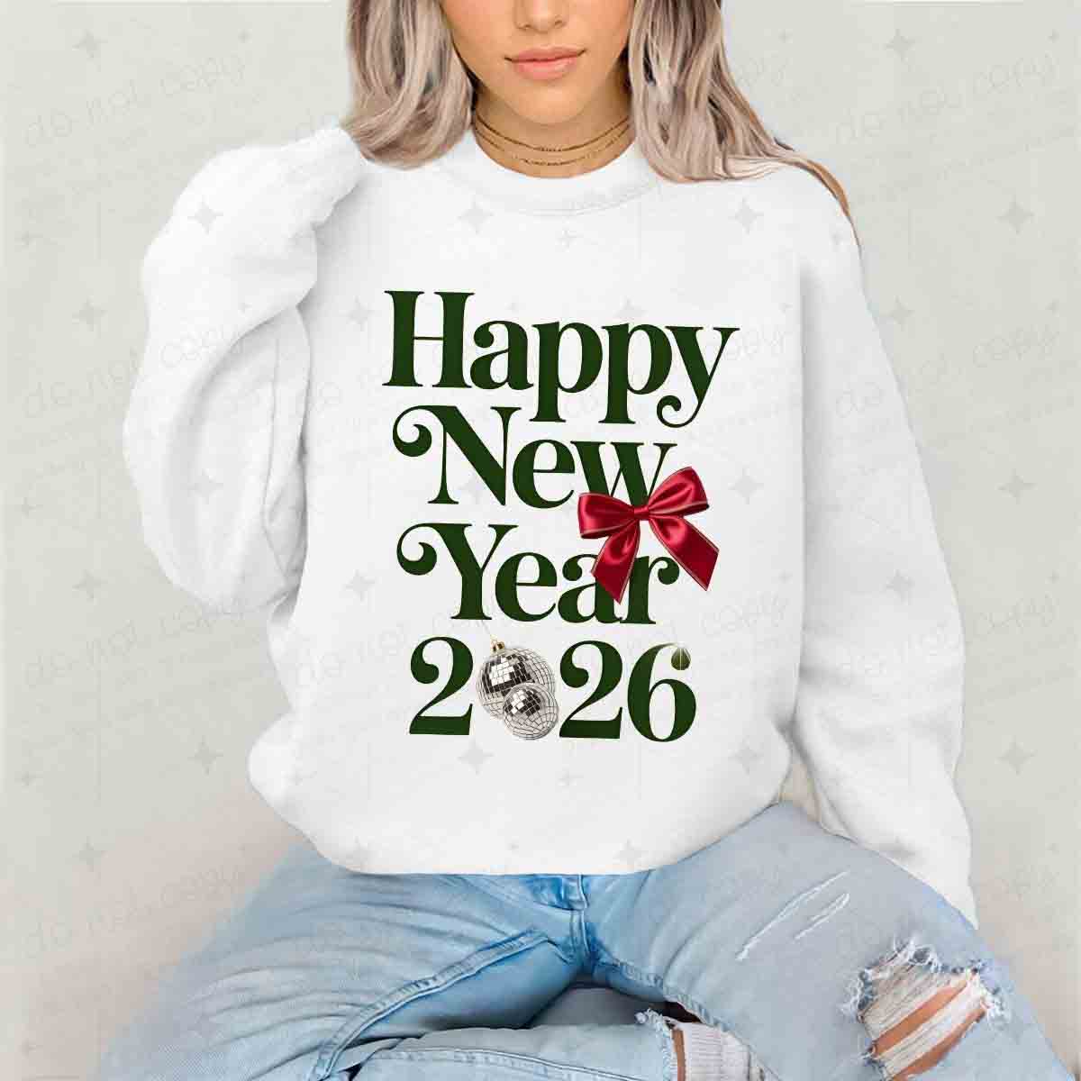 COQUETTE HAPPY NEW YEAR 2026 - RED BOW + DISCO BALL - DTF TRANSFER