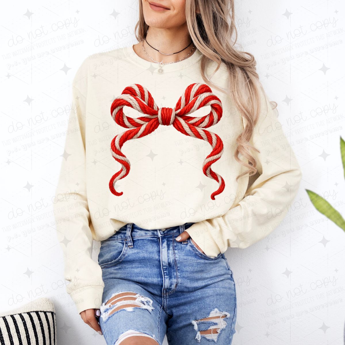 COQUETTE CANDY CANE STRIPED BOW - FAUX YARN - COMPLETED TEE