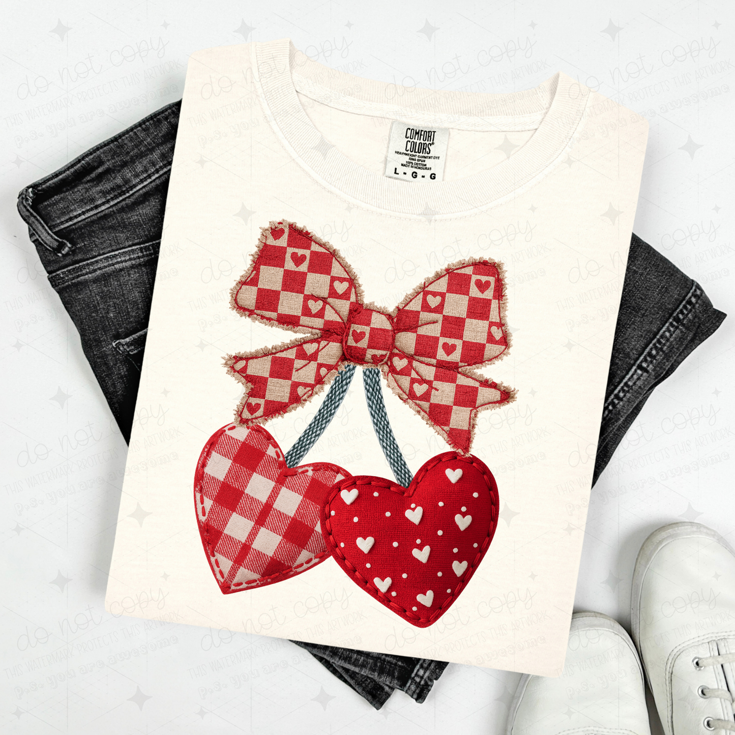 COQUETTE PATCHWORK HEART CHERRIES - FAUX YARN - DTF TRANSFER