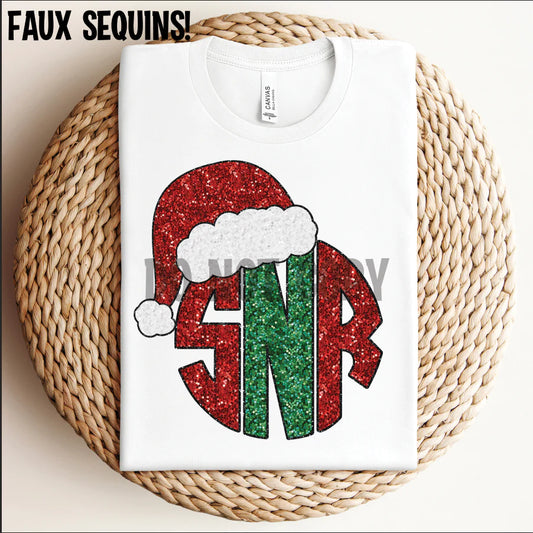Faux Sequin Christmas Monogram with Santa hat Completed Tee