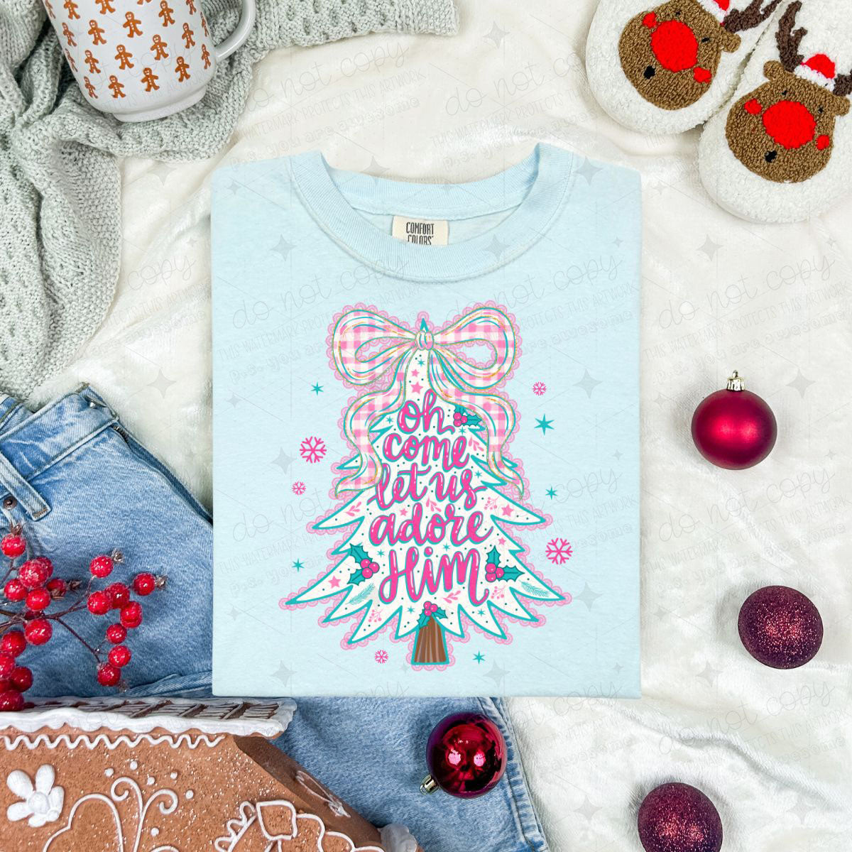 COQUETTE OH COME LET US ADORE HIM PINK CHECKERED BOW - DTF TRANSFER