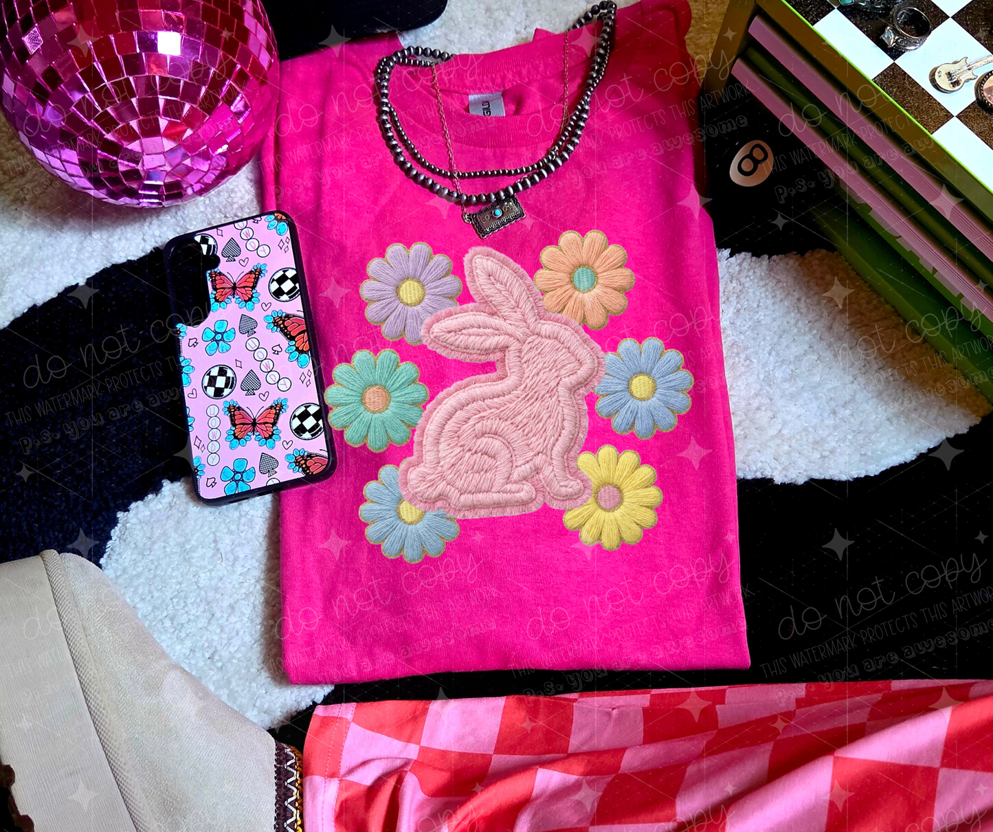 FAUX YARN BUNNY WITH DAISIES - DTF TRANSFER