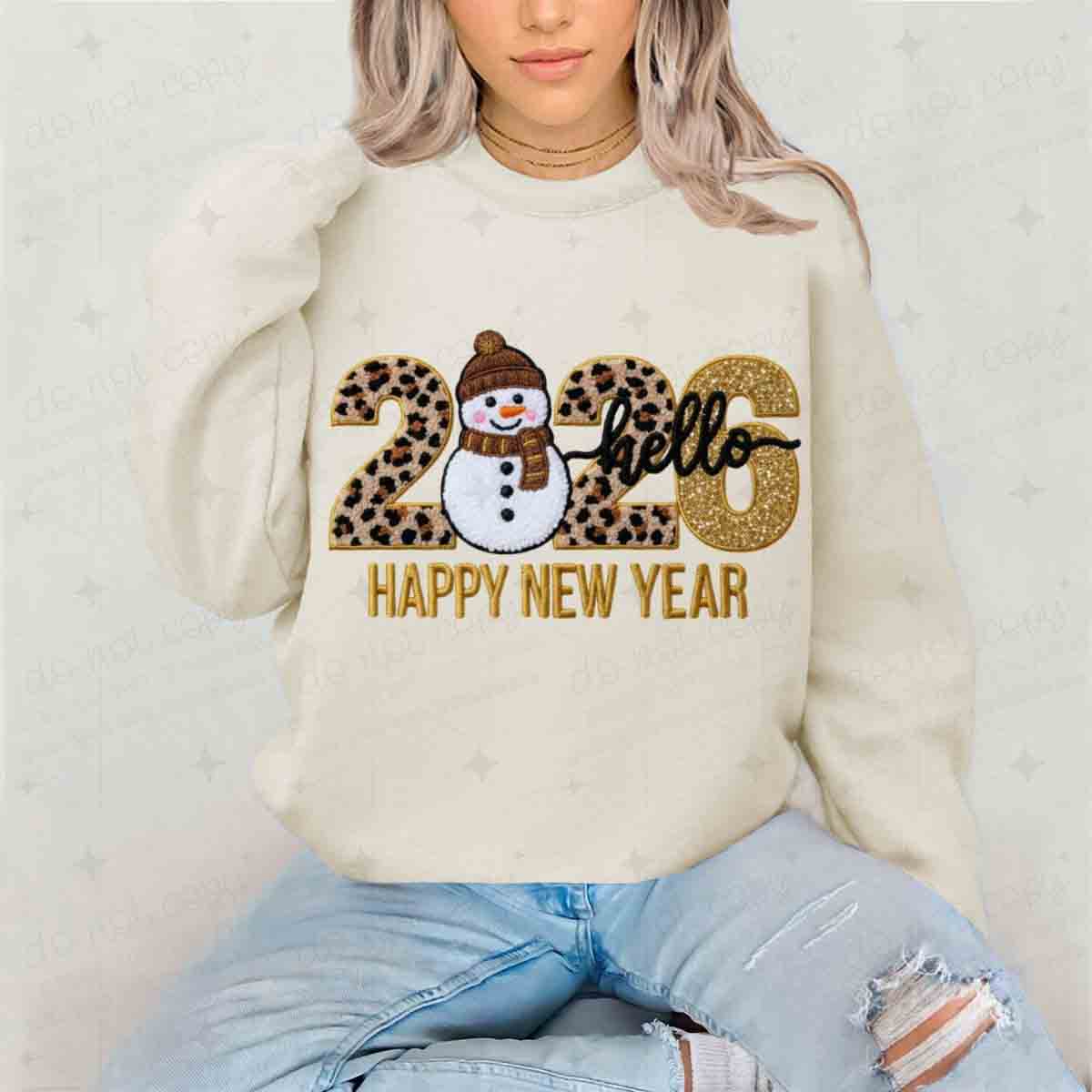 HELLO 2026 HAPPY NEW YEAR - SNOWMAN + FAUX YARN + FAUX GLITTER - DTF TRANSFER