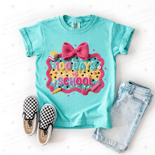 COQUETTE 100 DAYS OF SCHOOL - PINK BOW - FAUX YARN - DTF TRANSFER