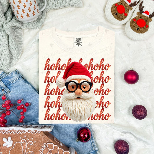 HO HO HO SANTA WITH GLASSES - FAUX YARN - DTF TRANSFER