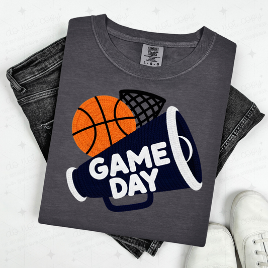 BLACK BASKETBALL GAME DAY WITH BALL AND MEGAPHONE - FAUX YARN - DTF TRANSFER
