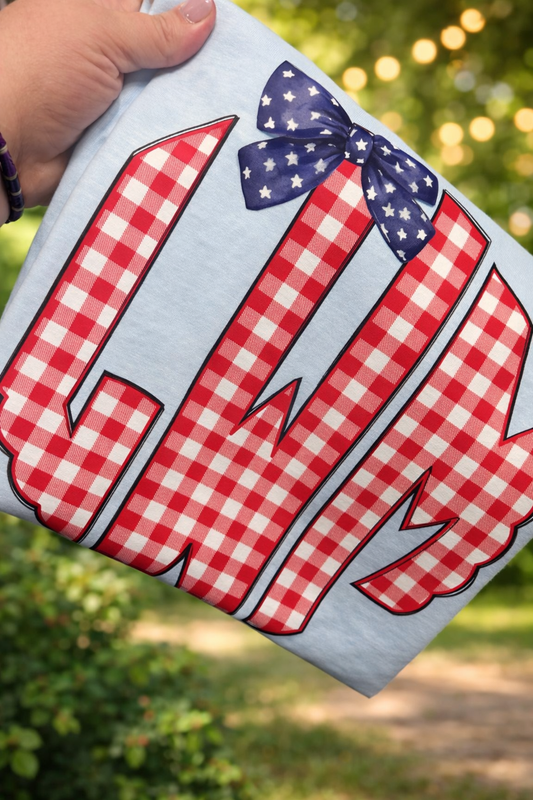 PATRIOTIC PLAID MONOGRAM WITH BOW - CUSTOM TRANSFER