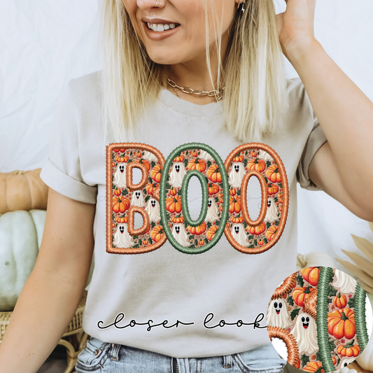 Boo Happy Ghost and Pumpkin Faux Embroidery Tee