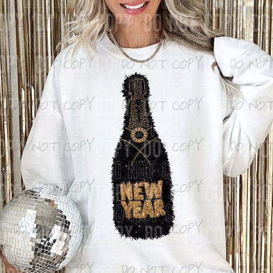 CHAMPAGNE BOTTLE NEW YEAR BLACK FAUX YARN - DTF TRANSFER