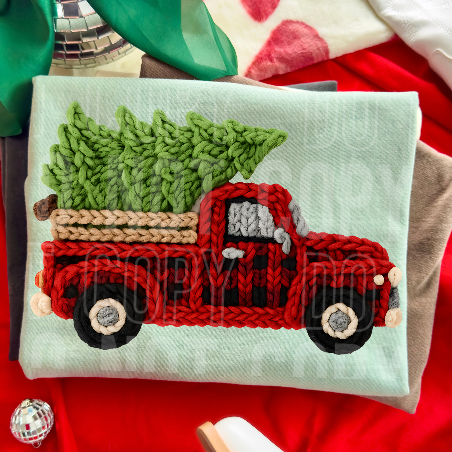 CHRISTMAS PLAID TRUCK - FAUX YARN - DTF TRANSFER