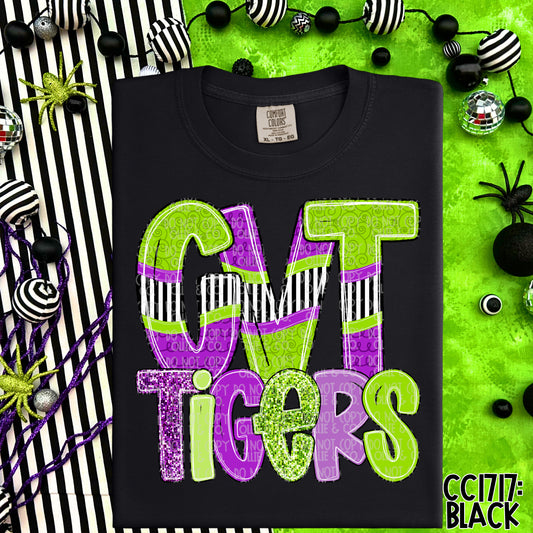 PURPLE & LIME REVAMPED SCHOOL INITIALS W/ MASCOT - CUSTOM TRANSFER