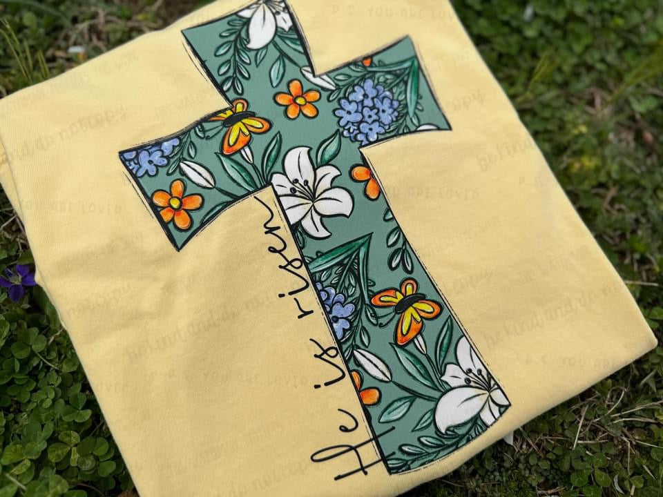 He is Risen Floral Cross Completed Tee