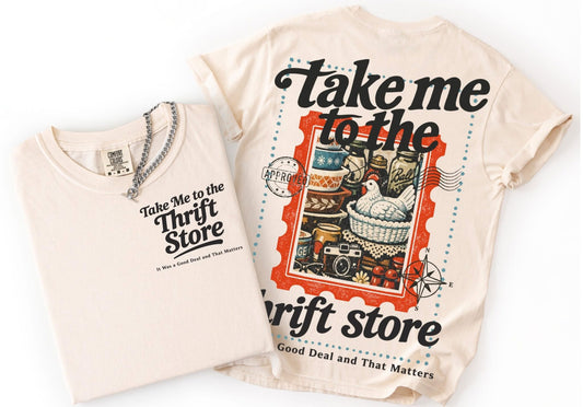 TAKE ME TO THE THRIFT STORE POSTAGE STAMP - FRONT+BACK - DTF TRANSFER