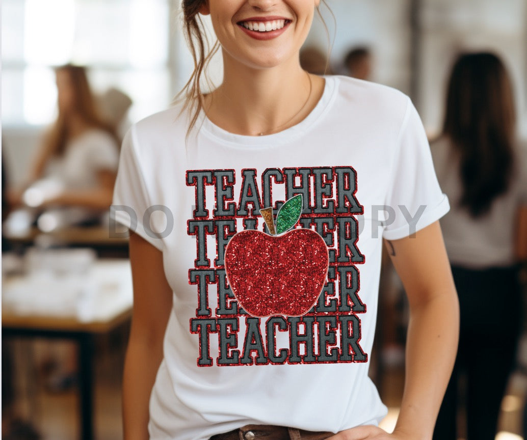 Stacked Teacher with Apple Faux Sequin and Faux Embroidery