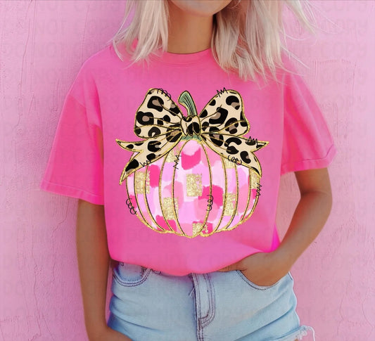 Pink Brushstroke pumpkin with leopard bow Tee