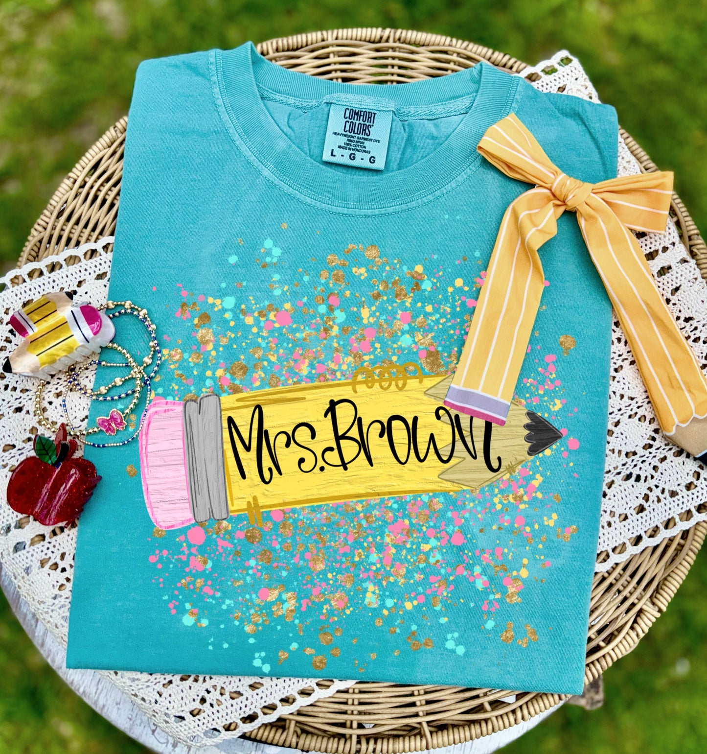 PENCIL SPLATTER WITH TEACHER NAME - CUSTOM TRANSFER