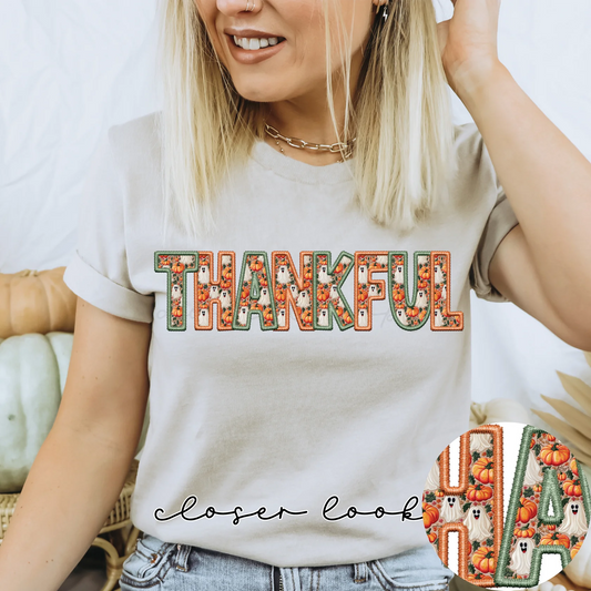 Thankful Happy Ghost and Pumpkin Faux Embroidery Tee