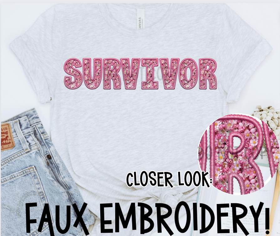 Survivor- Breast Cancer Ribbon Faux Embroidery