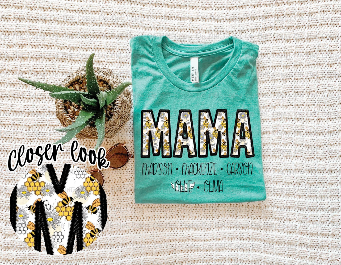 Honey bee faux embroidery- Mama, Aunt, Grandma, Etc. with Kids names *Ollie & Co. Exclusive*