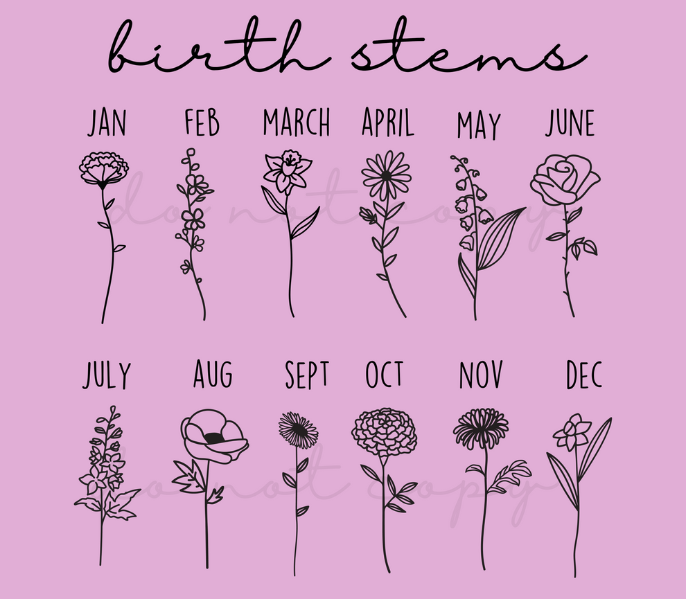 Birth flowers with names on stem shopollieandco